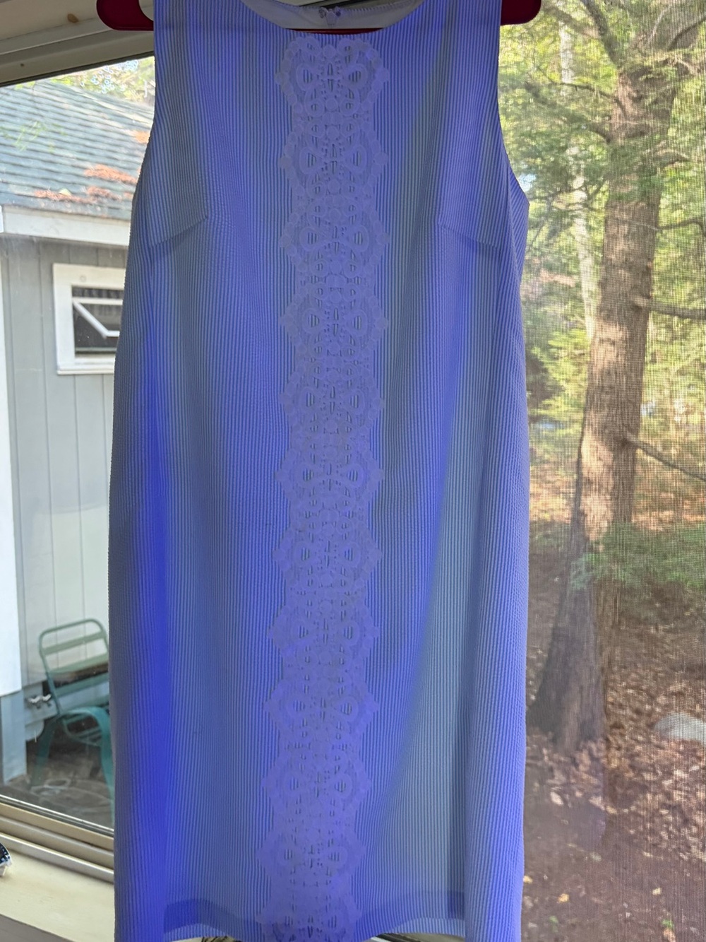 Pappagallo Blue and White Sleeveless Lace-Trim Shift Dress